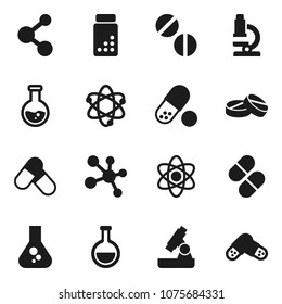 Flat vector icon set - atom vector, microscope, flask, pills vial, molecule