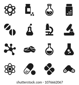 Flat vector icon set - atom vector, microscope, flask, pills vial, molecule