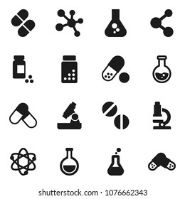 Flat vector icon set - atom vector, microscope, flask, pills vial, molecule