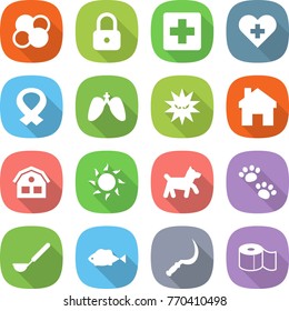 flat vector icon set - atom core vector, lock, medical cross, heart, harness, lungs, virus, home, house, sun, dog, pets, ladle, fish, sickle, toilet paper