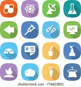 flat vector icon set - atom core vector, satellite antenna, flask, left arrow, crutch, monitor pulse, dome house, location details, seedling, pear, sprouting, tomato, carrot, hanger