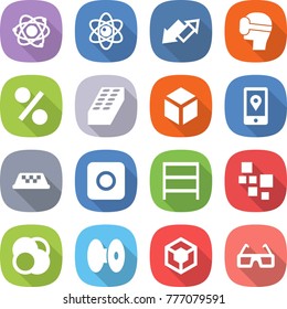 flat vector icon set - atom vector, up down arrow, virtual mask, percent, brick, 3d, mobile location, taxi, ring button, rack, blocks, core, coil, glasses