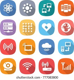 flat vector icon set - atom vector, round around, notebook connect, server, chip, pacemaker, globe, wireless, laptop wifi, cloud service, data transfer, web camera, router, antenna signal