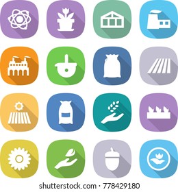 flat vector icon set - atom vector, flower, greenhouse, factory, ladle, flour, field, harvest, seedling, hand leaf, acorn, ecology