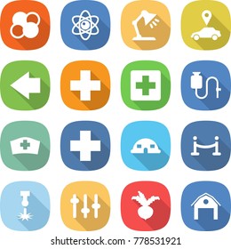 flat vector icon set - atom core vector, table lamp, car pointer, left arrow, medical cross, dropper, hat, dome house, vip fence, laser, setup, beet, barn