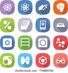 flat vector icon set - atom vector, up down arrow, virtual mask, percent, brick, mobile location, taxi, ring button, rack, blocks, core, coil, 3d, glasses