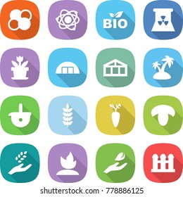 flat vector icon set - atom core vector, bio, nuclear power, flower, hangare, greenhouse, island, ladle, spike, carrot, mushroom, harvest, sprouting, hand leaf, grain elevator