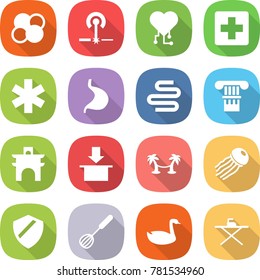 flat vector icon set - atom core vector, laser, cardio chip, medical cross, ambulance star, stomach, intestines, column, arch, package, palm hammock, jellyfish, shield, whisk, goose, iron board