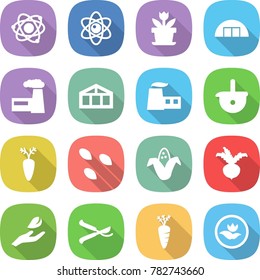 flat vector icon set - atom vector, flower, hangare, factory, greenhouse, ladle, carrot, seeds, corn, beet, hand leaf, pruner, ecology