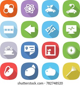 flat vector icon set - atom core vector, eco car, electric, market, left arrow, crutch, monitor pulse, flower bed, location details, in window, solar power, beans, lemon, tomato, rake