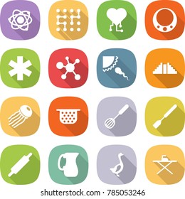 flat vector icon set - atom vector, chip, cardio, necklace, ambulance star, virus, sperm, pyramid, jellyfish, colander, whisk, spatula, rolling pin, jug, goose, iron board