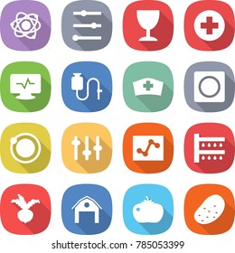 flat vector icon set - atom vector, equalizer, wineglass, medical cross, monitor pulse, dropper, hat, ring button, orbit, setup, analytics, watering, beet, barn, tomato, potato