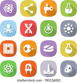 flat vector icon set - atom vector, molecule, satellite, round flask, virus, dna, rocket, around, cpu, artificial insemination, pill, led, start, microbe
