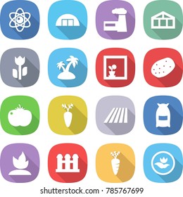flat vector icon set - atom vector, hangare, factory, greenhouse, perishable, island, flower in window, potato, tomato, carrot, field, flour, sprouting, grain elevator, ecology