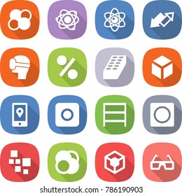 flat vector icon set - atom core vector, up down arrow, virtual mask, percent, brick, 3d, mobile location, ring button, rack, blocks, glasses