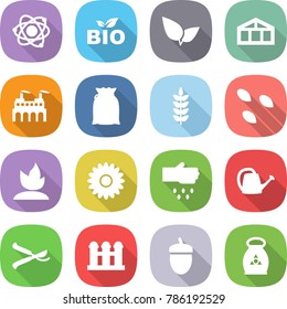flat vector icon set - atom vector, bio, leafs, greenhouse, factory, flour, spike, seeds, sprouting, flower, sow, watering can, pruner, grain elevator, acorn, fertilizer