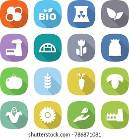 flat vector icon set - atom core vector, bio, nuclear power, leafs, factory, greenhouse, perishable, flour, tomato, spike, carrot, mushroom, corn, flower, hand leaf