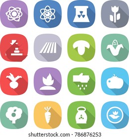 flat vector icon set - atom vector, nuclear power, perishable, press, field, mushroom, corn, beet, sprouting, sow, tomato, garden, carrot, fertilizer, ecology