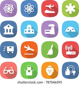 flat vector icon set - atom vector, weather management, ambulance star, library, mansion, factory, dome house, fast deliver, arrival, broom, router, 3d glasses, apron, strawberry, dish cleanser
