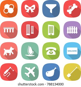 flat vector icon set - atom core vector, bow, funnel, broken bone, bridge, skyscrapers, skyscraper, fence, dog, windsurfing, phone, welcome mat, welding, plane, chicken leg, shovel