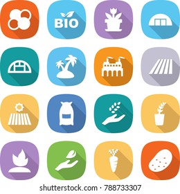 flat vector icon set - atom core vector, bio, flower, hangare, greenhouse, island, factory, field, flour, harvest, seedling, sprouting, hand leaf, carrot, potato