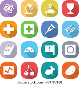flat vector icon set - atom vector, table lamp, car pointer, wineglass, medical cross, crutch, brick, dome house, important flag, ring button, analytics, cherry, rabbit, potato