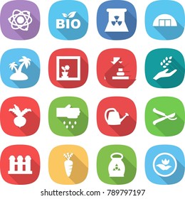 flat vector icon set - atom vector, bio, nuclear power, hangare, island, flower in window, press, harvest, beet, sow, watering can, pruner, grain elevator, carrot, fertilizer, ecology