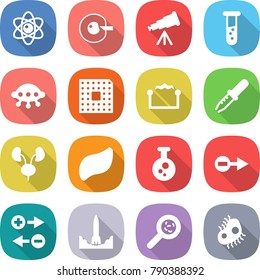 flat vector icon set - atom vector, cell corection, telescope, vial, ufo, cpu, electrostatic, pipette, kidneys, liver, chemical, electron, charge particle, rocket start, viruses, microb