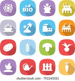 flat vector icon set - atom vector, bio, flower, factory, bed, island, potato, spike, mushroom, beet, sprouting, watering can, grain elevator, carrot