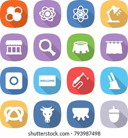 flat vector icon set - atom core vector, table lamp, market, magnifier, stadium, curtain, ring button, welcome mat, welding, knife holder, pretzel, cow, udder, acorn