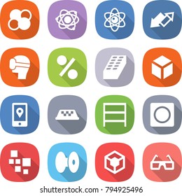 flat vector icon set - atom core vector, up down arrow, virtual mask, percent, brick, 3d, mobile location, taxi, rack, ring button, blocks, coil, glasses