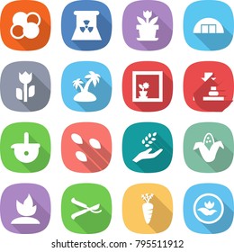 flat vector icon set - atom core vector, nuclear power, flower, hangare, perishable, island, in window, press, ladle, seeds, harvest, corn, sprouting, pruner, carrot, ecology