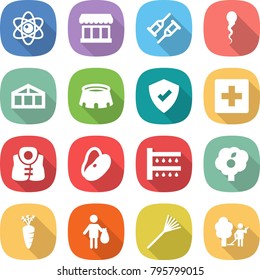 flat vector icon set - atom vector, market, crutch, sperm, greenhouse, stadium, protected, first aid, life vest, beans, watering, garden, carrot, trash, rake, cleaning