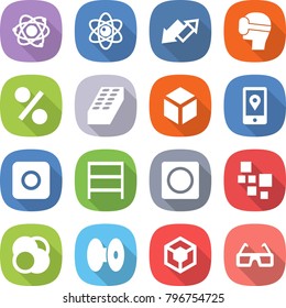 flat vector icon set - atom vector, up down arrow, virtual mask, percent, brick, 3d, mobile location, ring button, rack, blocks, core, coil, glasses