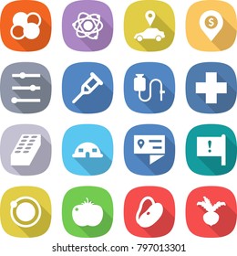 flat vector icon set - atom core vector, car pointer, dollar pin, equalizer, crutch, dropper, cross, brick, dome house, location details, important flag, orbit, tomato, beans, beet