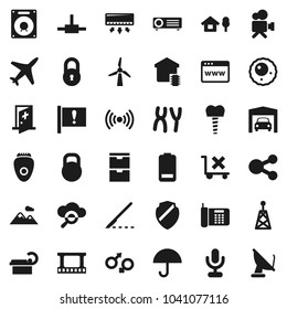 Flat vector icon set - attention vector, plane, umbrella, no trolley, weight, film frame, antenna, video camera, microphone, battery, gender sign, scalpel, chromosomes, tomography, ovule, connect