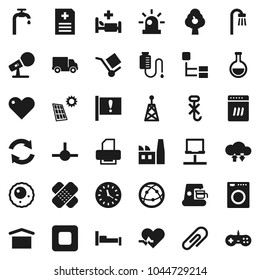 Flat vector icon set - attention vector, delivery, clock, cargo, dry, no hook, microphone, antenna, internet, heart, stop button, pulse, flask, patch, anamnesis, hospital bed, drop counter, ovule