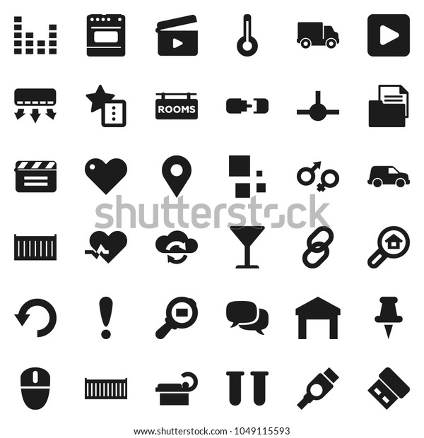 Flat vector icon set - attention vector, sea\
container, delivery, car, document, glass, warehouse, cargo search,\
cinema clap, equalizer, dialog, link, heart, thumbtack, play\
button, hdmi, pulse, pin
