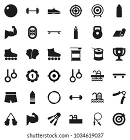 Flat vector icon set - award cup vector, target, barbell, weight, jump rope, hand trainer, punching bag, fitball, muscule, snickers, boxing glove, shorts, roller Skates, skateboard, medal, pool