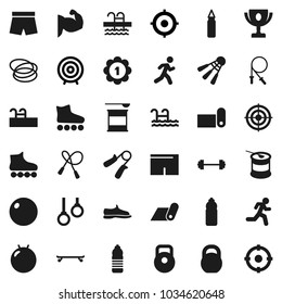 Flat vector icon set - award cup vector, target, barbell, weight, jump rope, hand trainer, punching bag, fitball, muscule, snickers, shorts, roller Skates, skateboard, medal, sports nutrition, pool