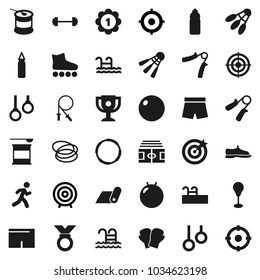 Flat vector icon set - award cup vector, target, barbell, stadium, jump rope, hand trainer, punching bag, fitball, snickers, boxing glove, shorts, roller Skates, medal, sports nutrition, fitness mat