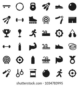 Flat vector icon set - award cup vector, target, barbell, weight, hand trainer, punching bag, fitball, muscule, snickers, boxing glove, shorts, roller Skates, skateboard, medal, sports nutrition