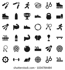 Flat vector icon set - award cup vector, target, barbell, weight, jump rope, hand trainer, punching bag, fitball, muscule, snickers, boxing glove, roller Skates, skateboard, medal, water bottle, run