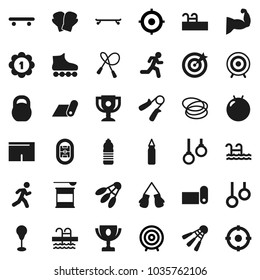 Flat vector icon set - award cup vector, target, weight, jump rope, hand trainer, punching bag, fitball, muscule, boxing glove, shorts, roller Skates, skateboard, medal, sports nutrition, pool, hoop