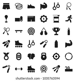 Flat vector icon set - award cup vector, target, barbell, weight, jump rope, hand trainer, punching bag, muscule, snickers, boxing glove, shorts, roller Skates, skateboard, medal, sports nutrition