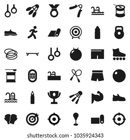 Flat vector icon set - award cup vector, target, weight, jump rope, hand trainer, punching bag, fitball, muscule, snickers, boxing glove, shorts, roller Skates, skateboard, medal, sports nutrition