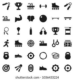 Flat vector icon set - award cup vector, target, barbell, stadium, weight, jump rope, hand trainer, punching bag, fitball, muscule, snickers, boxing glove, roller Skates, skateboard, medal, pool