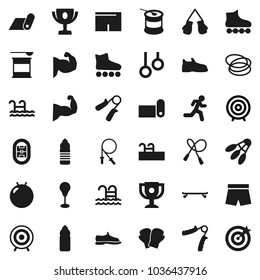 Flat vector icon set - award cup vector, target, jump rope, hand trainer, punching bag, fitball, muscule, snickers, boxing glove, shorts, roller Skates, skateboard, sports nutrition, water bottle
