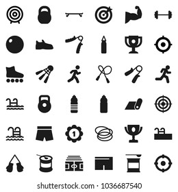 Flat vector icon set - award cup vector, target, barbell, stadium, weight, jump rope, hand trainer, punching bag, fitball, muscule, snickers, boxing glove, shorts, roller Skates, skateboard, medal