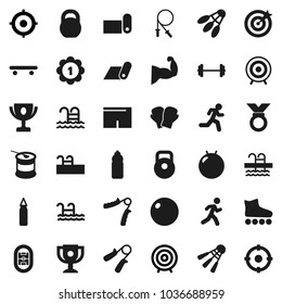 Flat vector icon set - award cup vector, target, barbell, weight, jump rope, hand trainer, punching bag, fitball, muscule, boxing glove, shorts, roller Skates, skateboard, medal, sports nutrition